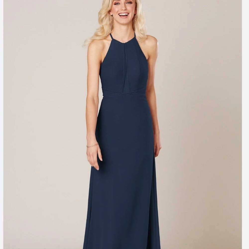 Size 10 navy plunging high neck w/ keyhole back slim Aline chiffon dress NWT
